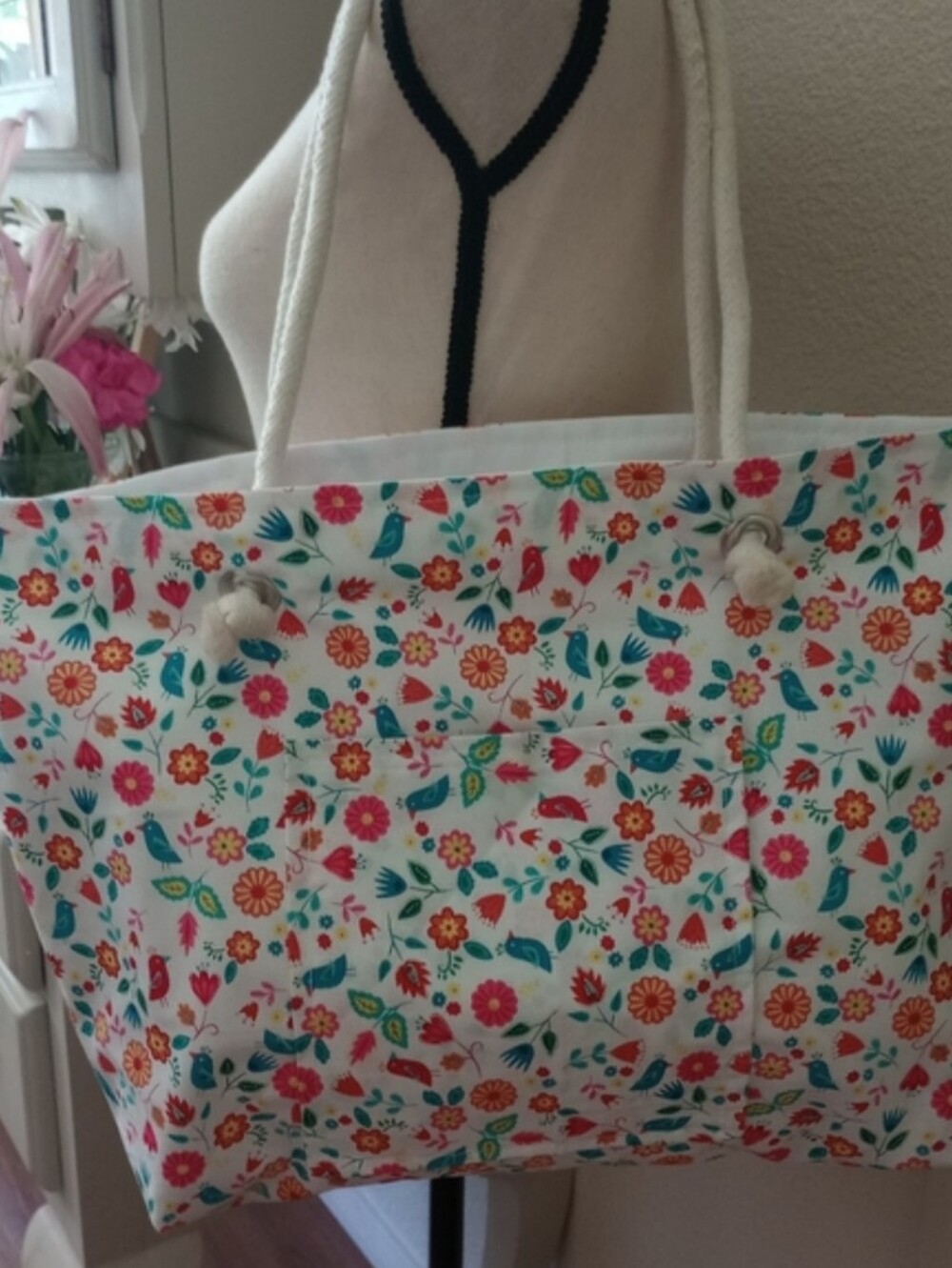 2× $30 Floral Bird Print Canvas Tote Bag in White and Multicolor
